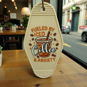 Handmade “Fueled by Iced Coffee & Anxiety” Keychain – Funny Drink Quote Charm